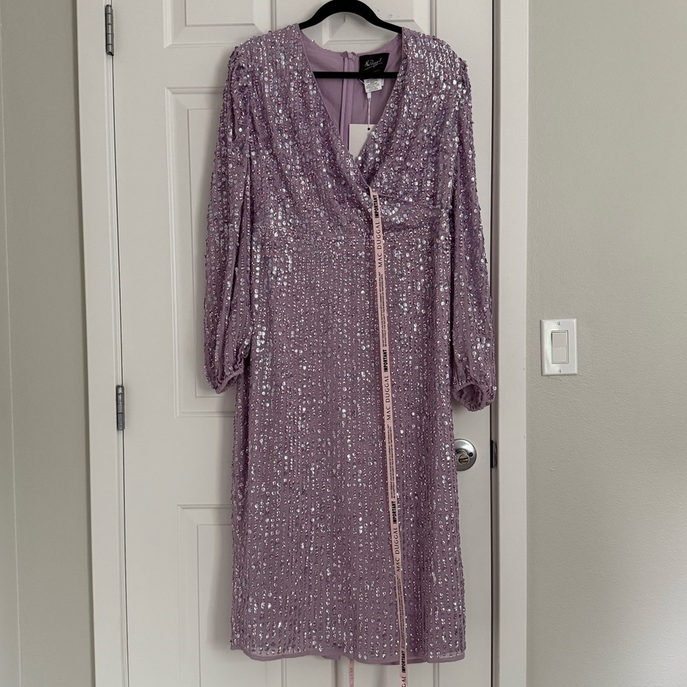 Mac Duggal Purple Sequined Illusion Puff Sleeve V Neck Midi Dress Size 12 NWT - Picture 4 of 10